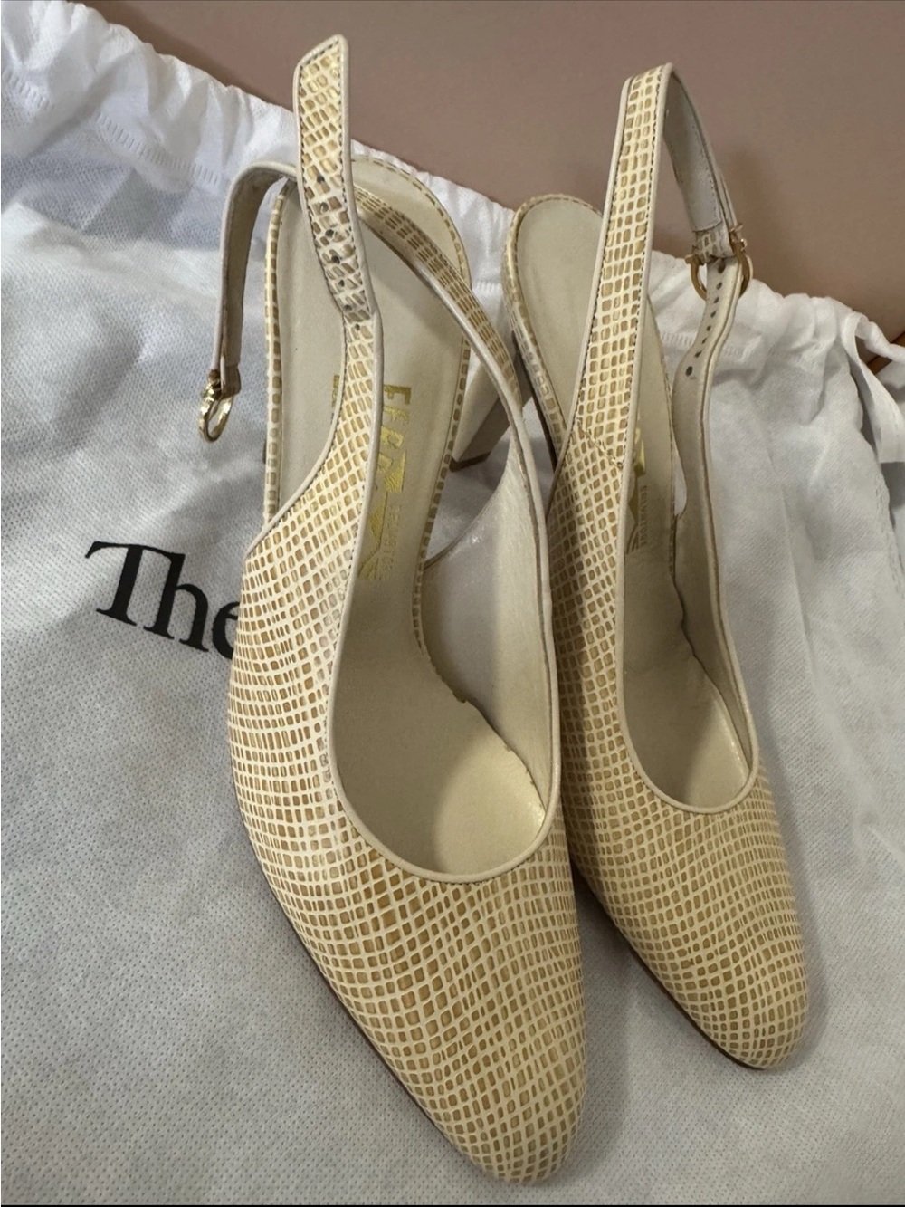 Salvatore Ferragamo Beige Textured Slingback Heels